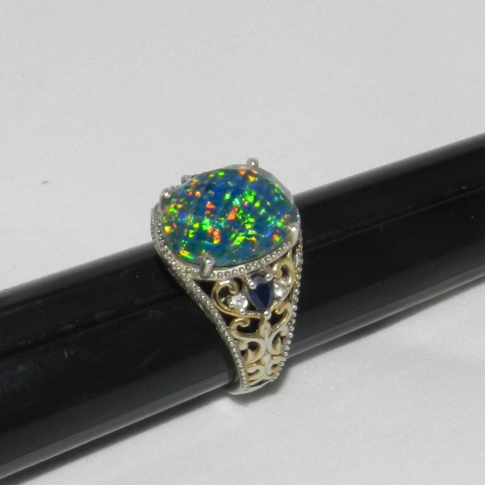 Vintage  Blue Fire Opal 925 Sterling Silver Ring Size 8.5 Women's - Picture 13 of 14
